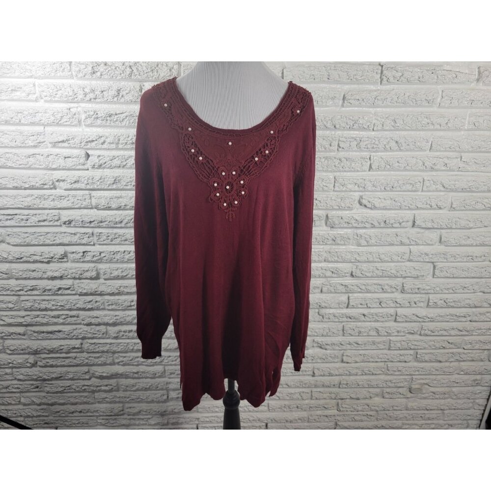 Roamans Women's Tunic Blouse Size 18/20 Burgundy Long Sleeve Beaded BRO15E